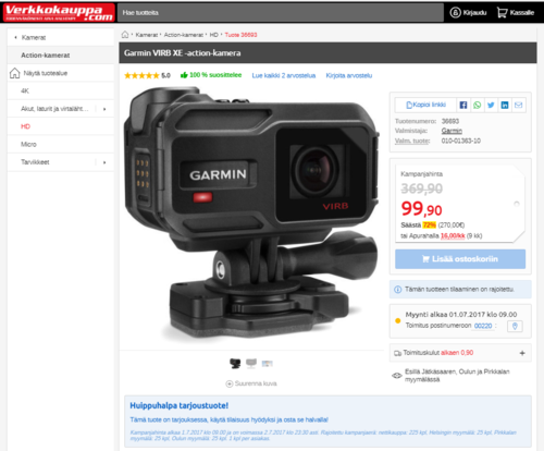 Garmin Virb XE, 99.- eurot Verkkokauppa.com veebiehel